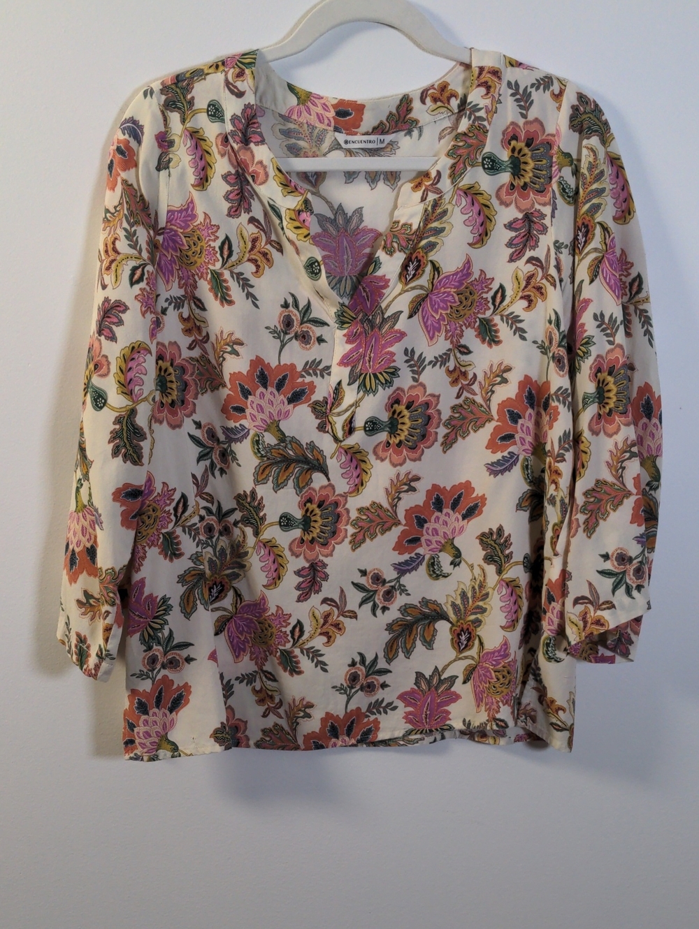 Encuentro Cream Floral Split-Neck Tunic with Pink & Orange Blooms